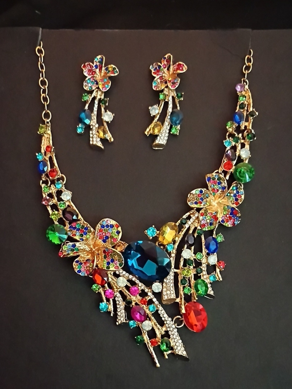 Multicolor Crystal Floral Statement Necklace & Earring Set